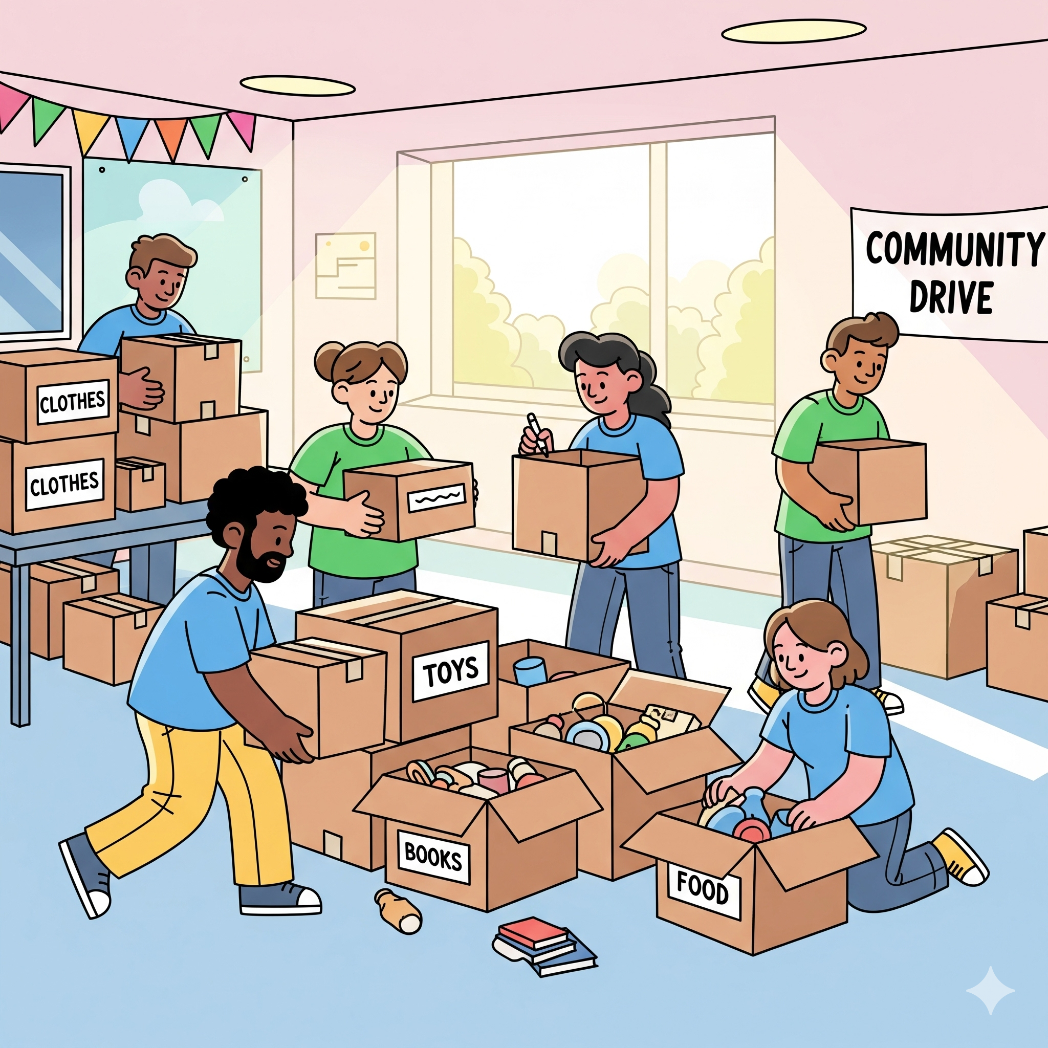 Caixas de doações sendo organizadas por voluntários