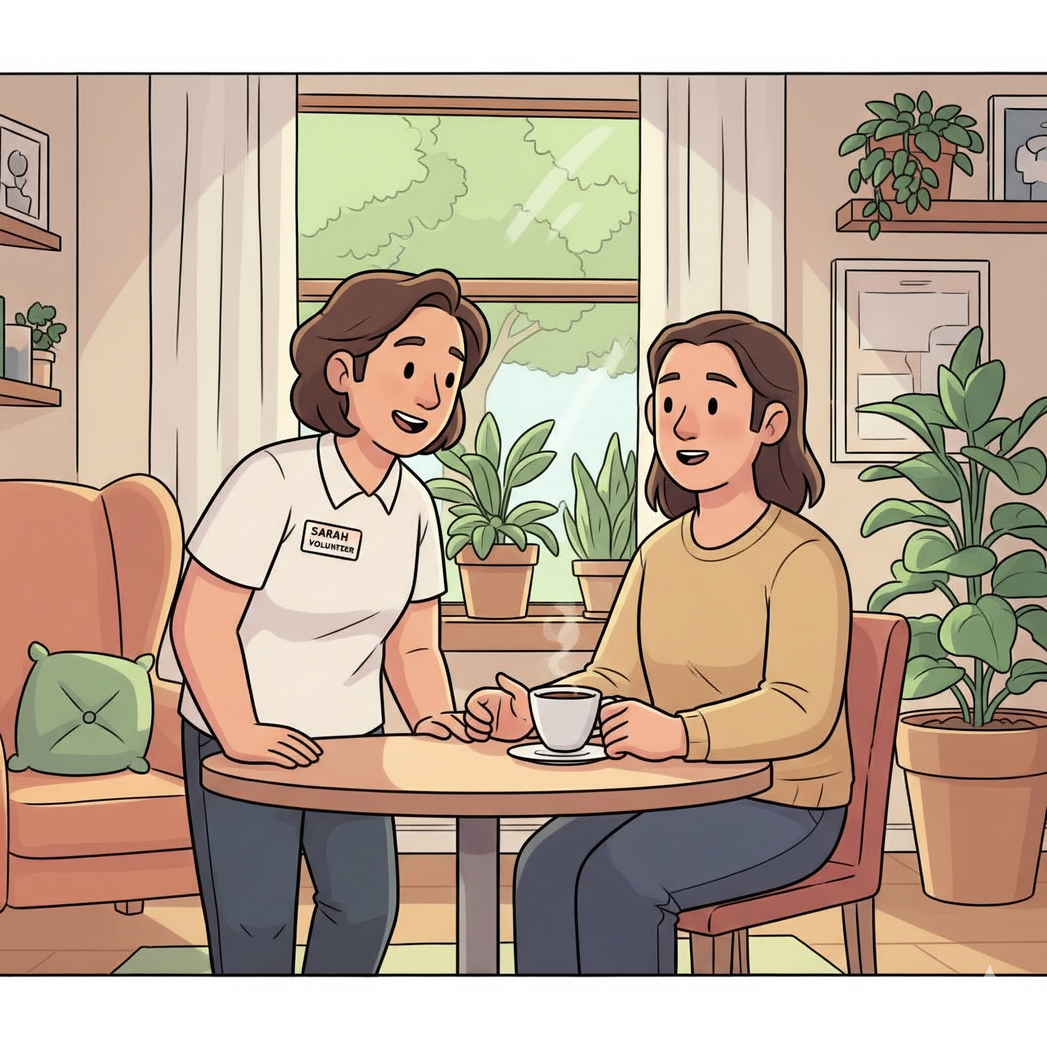 Voluntário conversando com uma pessoa em um ambiente acolhedor